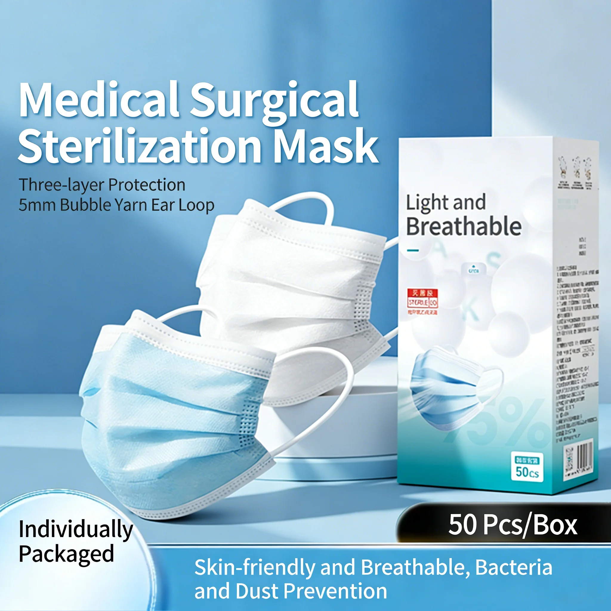 Disposable Face Masks with 5MM Bubble Yarn Ear Loops Individually Wrapped 3-Layer Protective Masks for Adult Daily Use 50ct Box