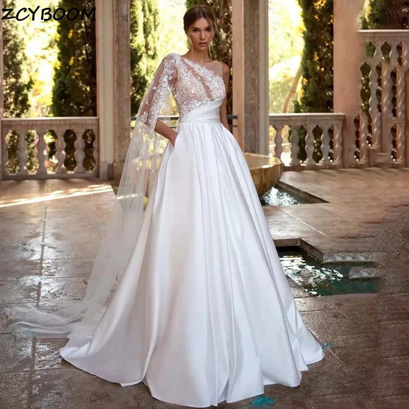 Elegant Satin Appliques O-Neck Backless A-Line Wedding Dresses For Women 2024 Sweep Train Bridal Gowns Vestidos De Novia