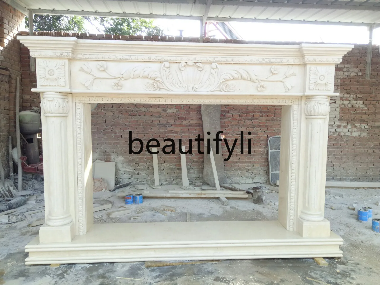 

Marble stone carving light Egyptian beige fireplace carved mantel TV cabinet interior decoration ornament