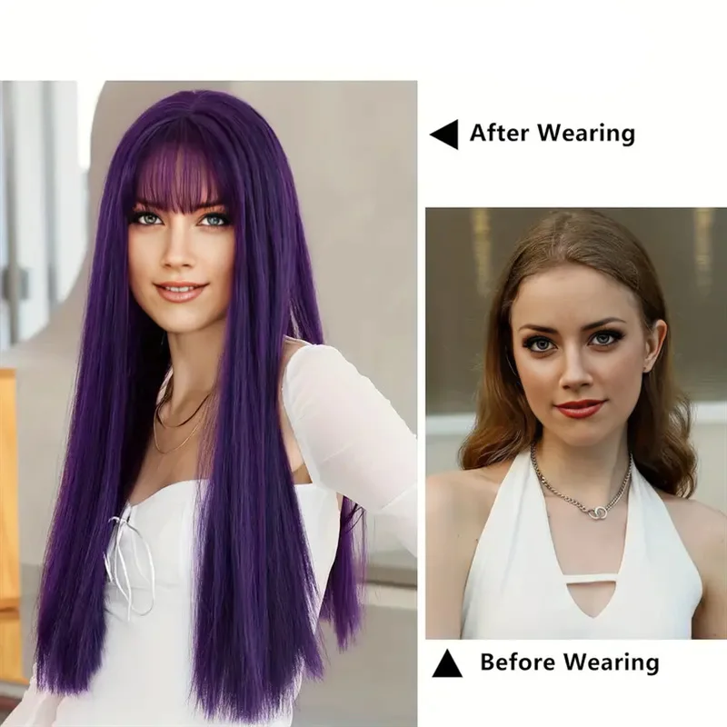 Wig Women's Purple Long Straight Hair with Full bangs Simulated Scalp Long Hair Full Head Cover