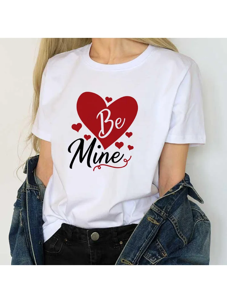 

Be Mine Love Print Women Graphic Tee Aesthetic Kawaii Clothes Harajuku Short Sleeve T-shirt Casual Couple Valentine's Day Gift