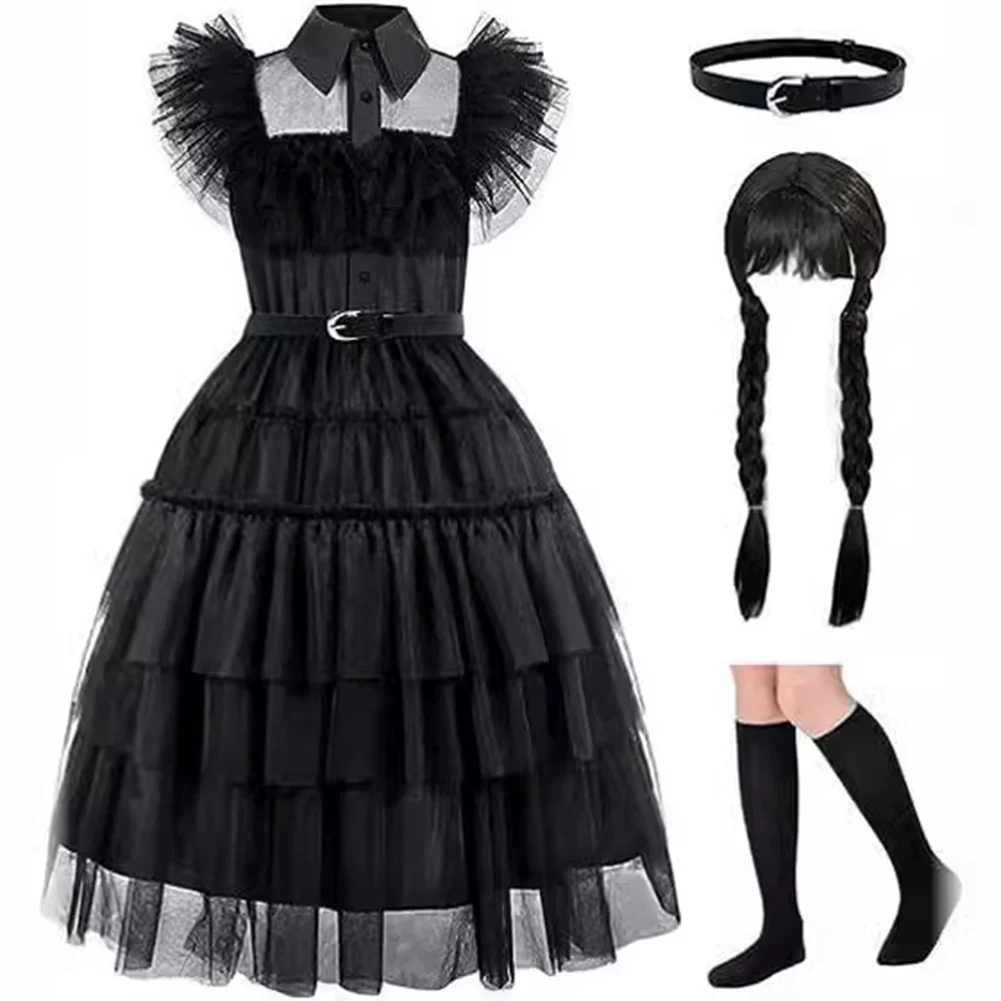 Girls Wedesday Gothic Cosplay Costume W/Wig Belt Socks Halloween Costume Princess Dress for Halloween Carnival Cosplay Party