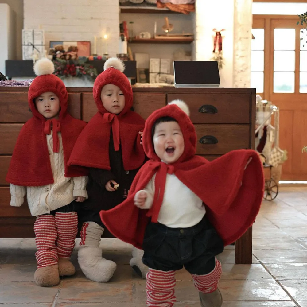 Korean Style Christmas Baby Cape Red Winter Thickened Warm Hooded Cloak for Infant Toddler Xmas Photo Shoot Outfit Cartoon Cape