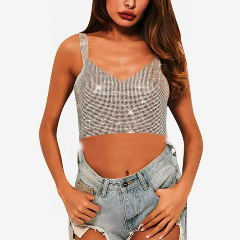 Sparkly Diamond Sexy V Neck Women Crop Tops Backless Spaghetti Strap Festival Party Tank Top Nightclub Rave Rhinestone Camis