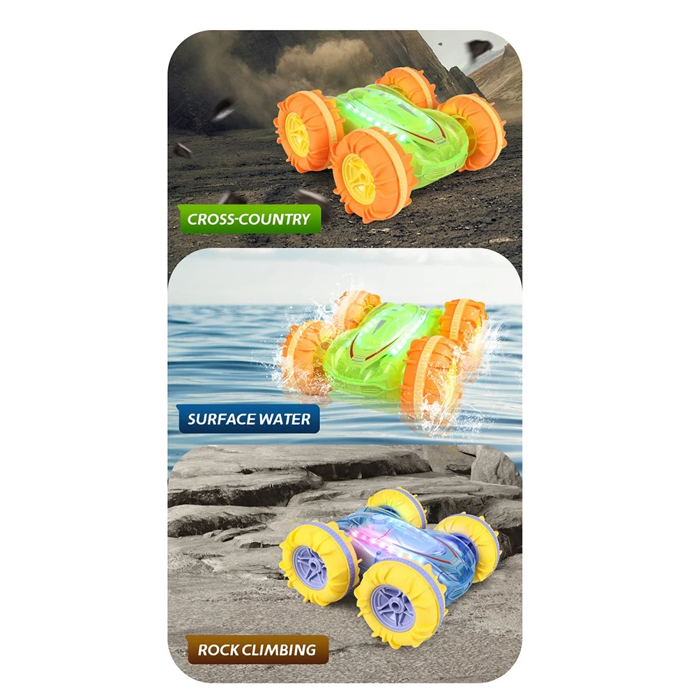 ABXE-2.4G RC Stunt Car Transparent Light Amphibious Vehicle Double Sided Stunt RC Car Gesture Rolling For Kids