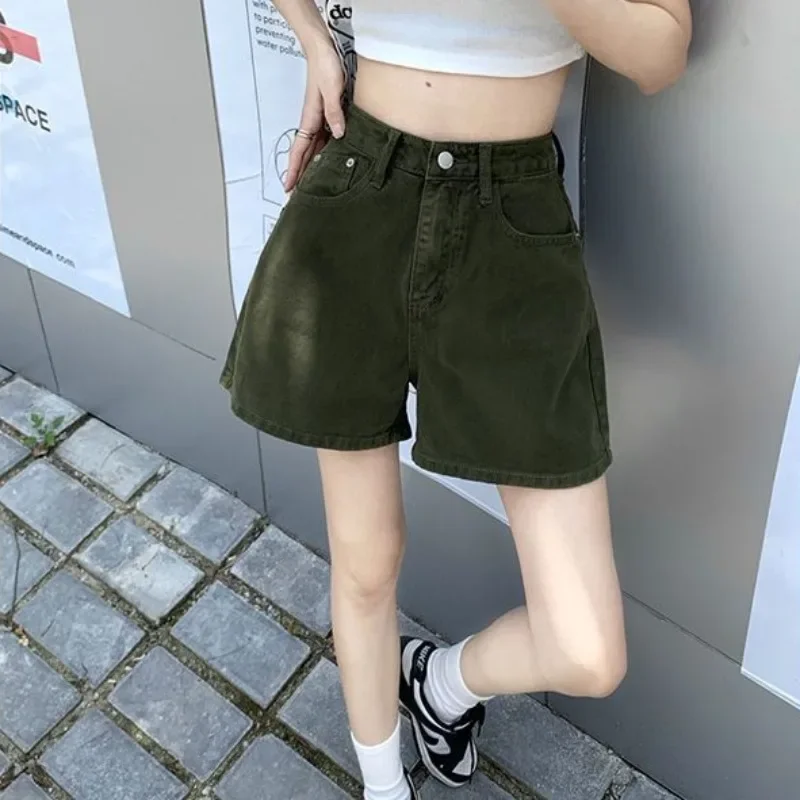 Estilo coreano jovem barato harajuku moda outfits jorts calças jeans curtas largas mulher com bolso na cintura shorts jeans para mulher