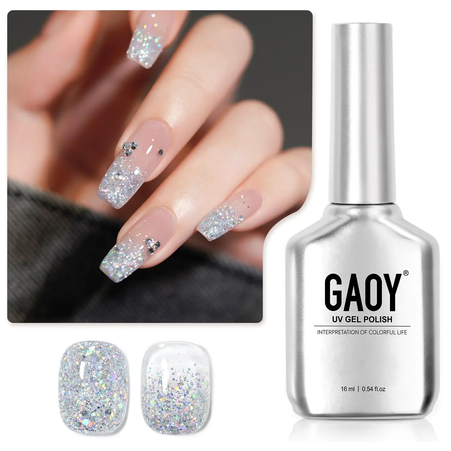 

Glitter Gel Nail Polish, 16ml Silver Sparkly Gel, Diamond Shiny Soak Off UV Light Cure for Nail Art, 4 Weeks Long-Lasting