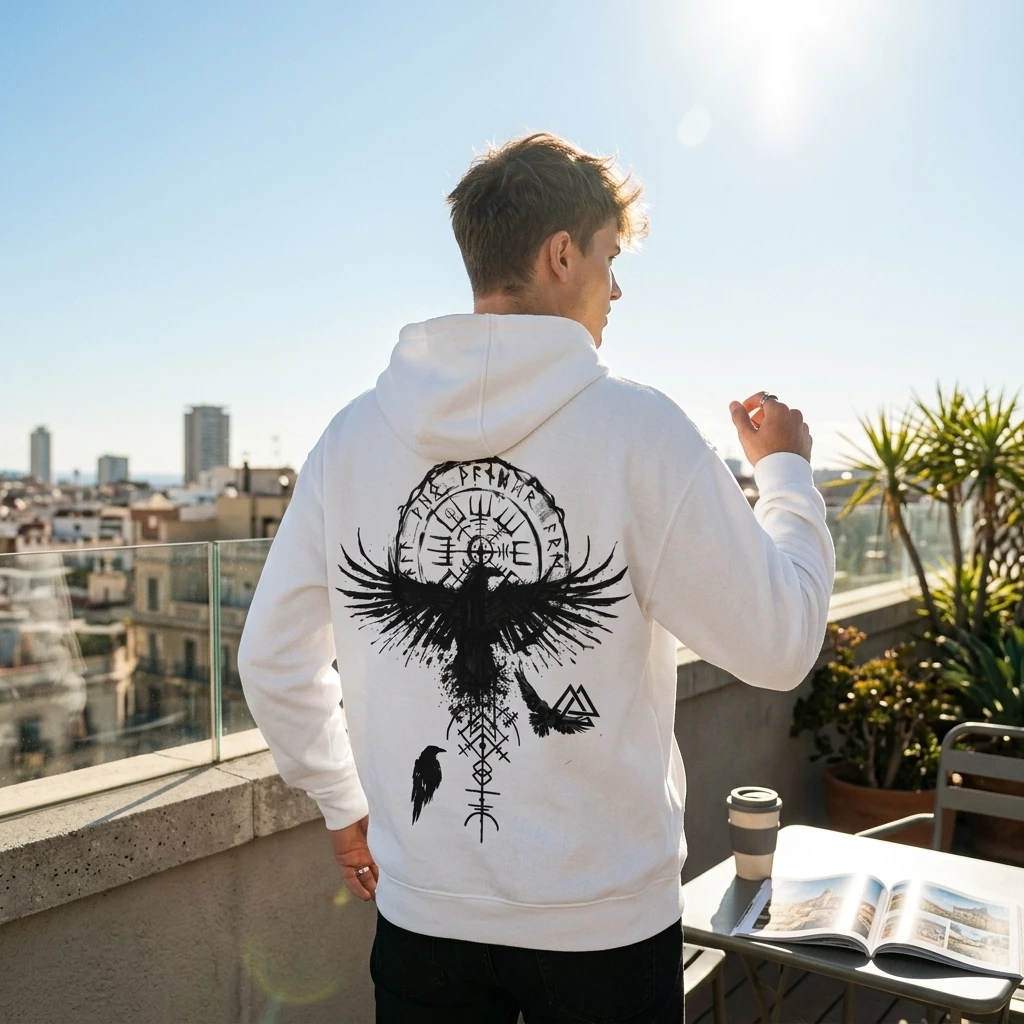 Viking Norse Myth Parent-Child Raven Compass Long Sleeve Hooded Sweatshirt Vintage Streetwear Harajuku Punk Pullover Halloween