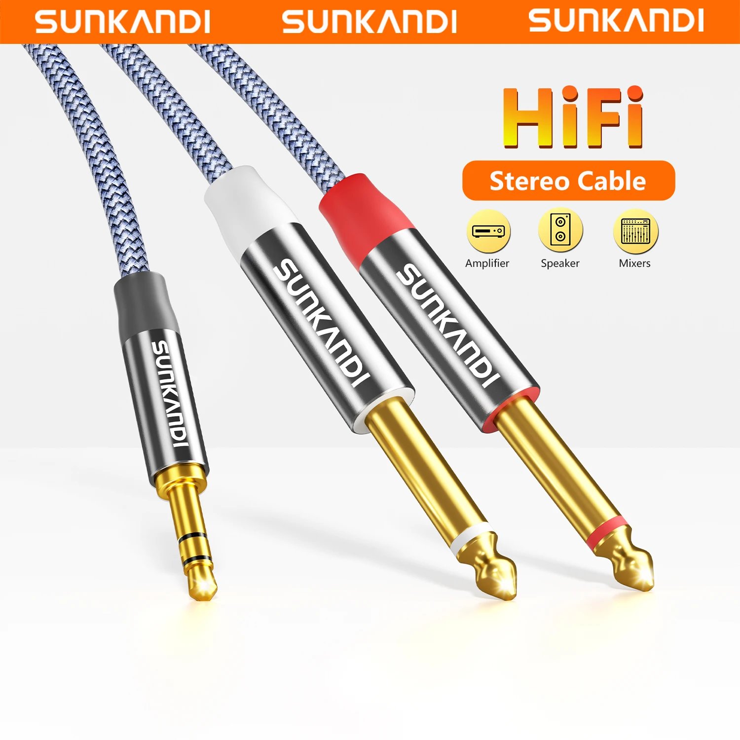 SUNKANDI 1/8 to 1/4  Audio Cable， 3.5mm TRS to Dual 6.35mm 1/4 TS Mono Y Splitter Audio Cord Adapter for PC,  Home Stereo System