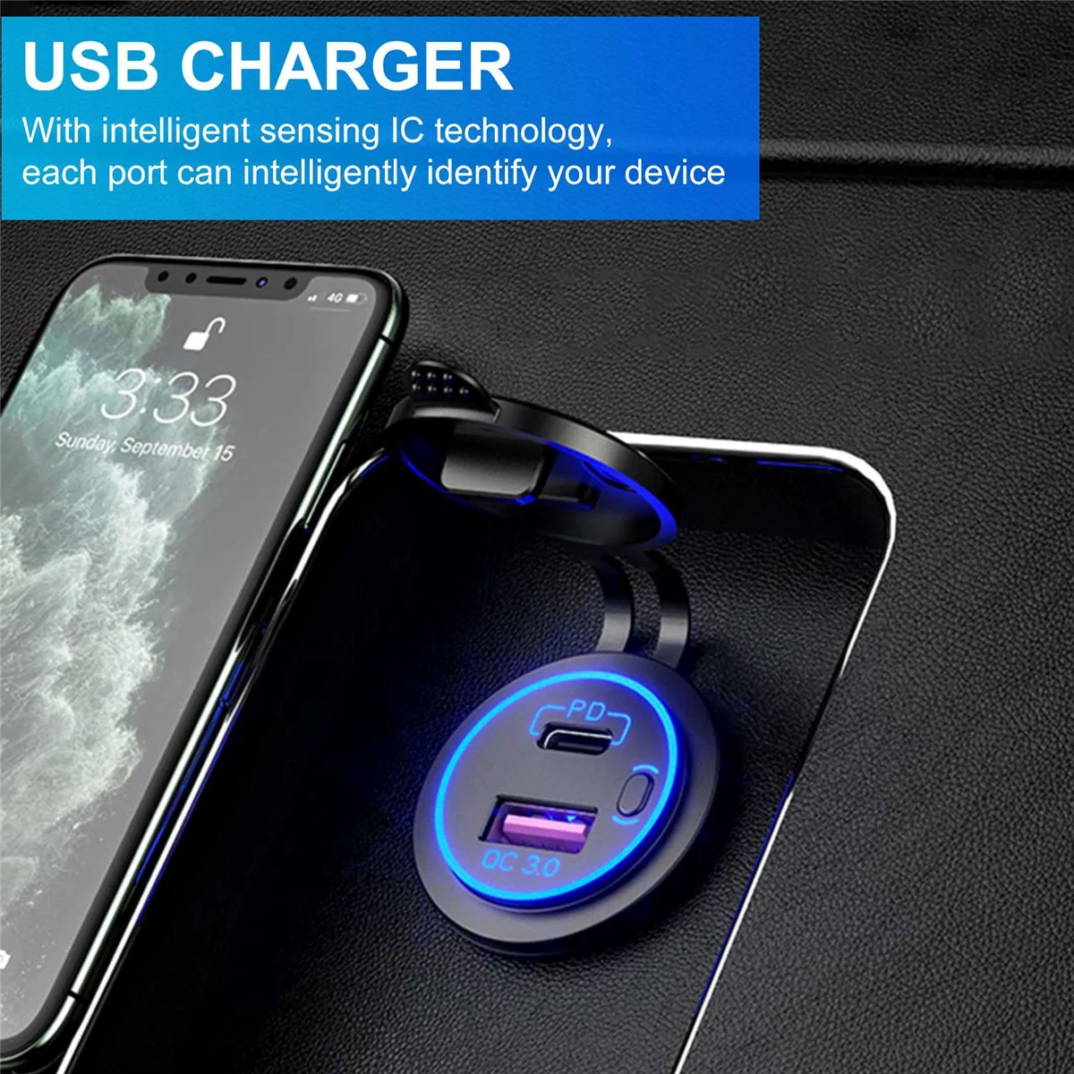 Chargeur de voiture USB PD Type C et chargeur rapide QC 3.0, prise de courant 12V avec interrupteur marche/arrêt, moto, montres RL, bleu