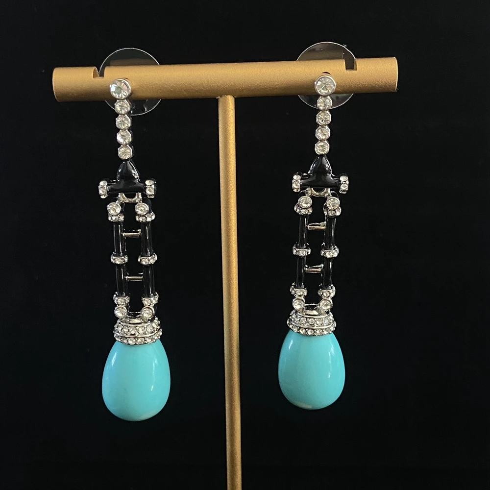 Original New Product Fashionable Premium Water Drop Blue Turquoise Black Enamel Elegant Long Vintage Women's Earrings