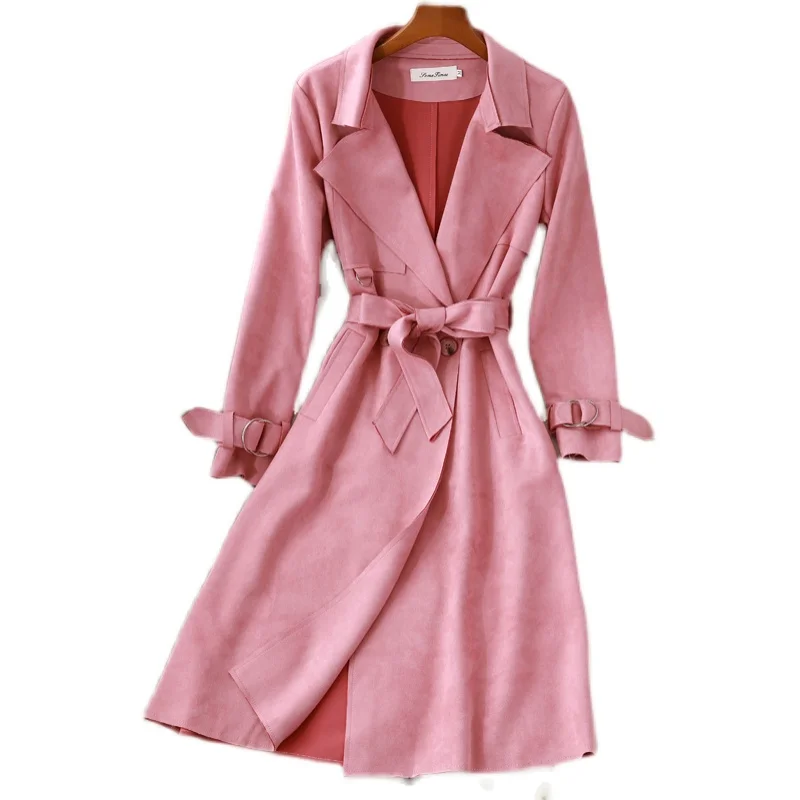 Autunno camoscio camoscio mantello Trench Coat donna Chic capispalla lunga giacca a vento Top femminile manica lunga cintura giacca sottile di lusso