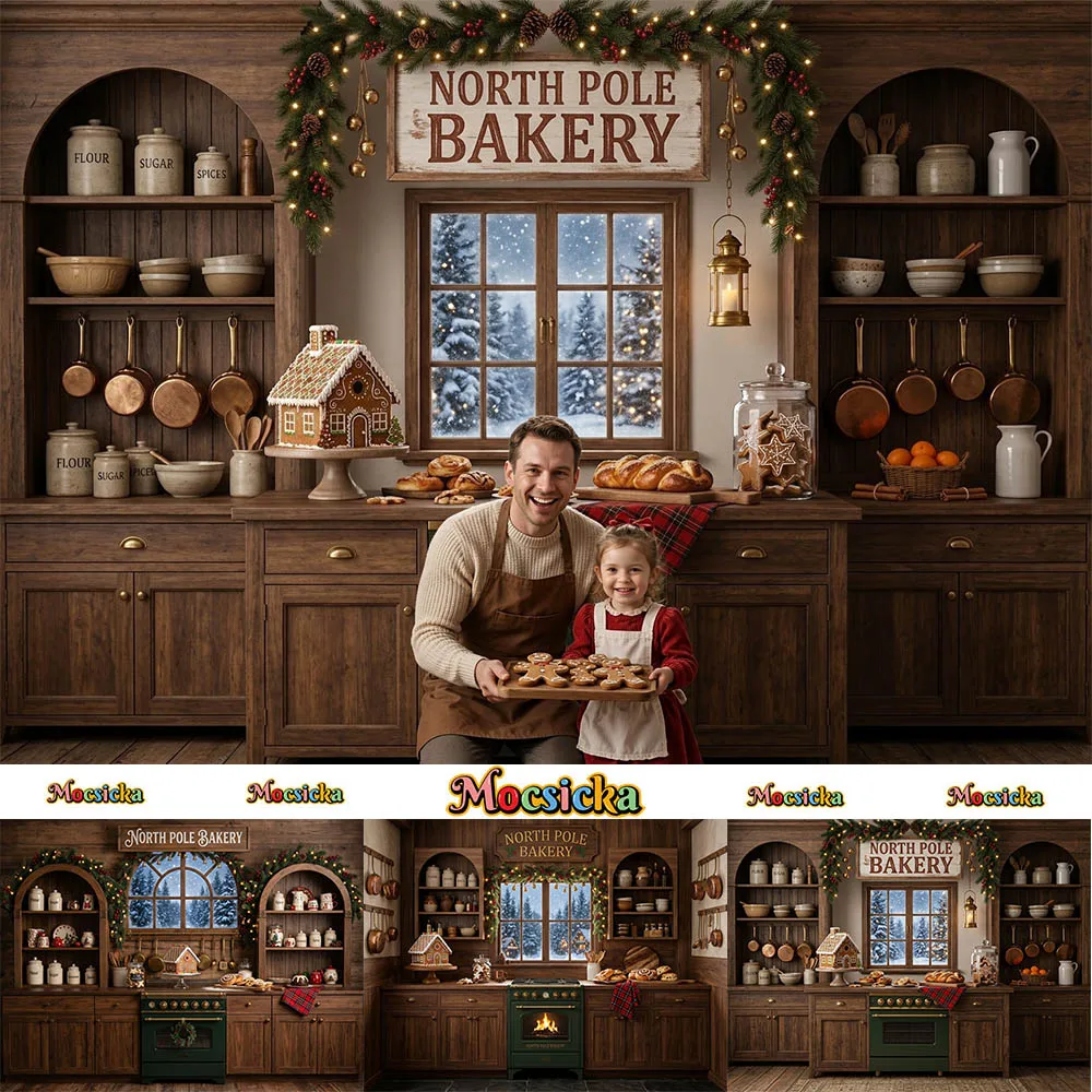 Mocsicka North Pole Bakery Christmas Photography Backdrop Wooden Kitchen Cookies Background Family Xmas Holiday Studio  Prop