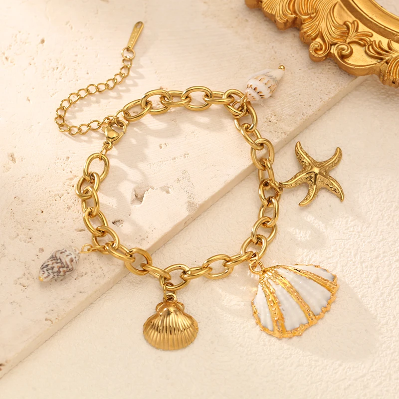 GANEMLY Ocean Style Stainless Steel Seashell Conch Starfish Drop Bracelet Bangle Waterproof Summer Daily Jewelry For Women
