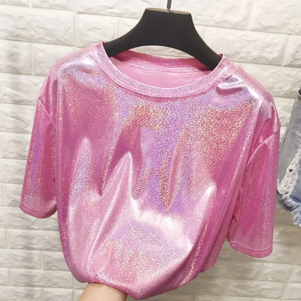 Club Bright Silk T-shirt Shiny Aesthetic Short Sleeve Tshirt Harajuku Retro Style Dance Wear Women