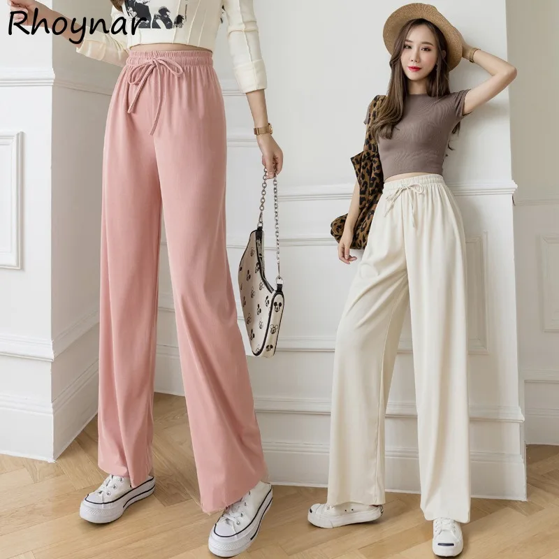 

Wide Leg Pants Women Summer Ice Silk High Waist Loose Slimming Drape Straight Trousers Casual All-match Solid Simple Ulzzang