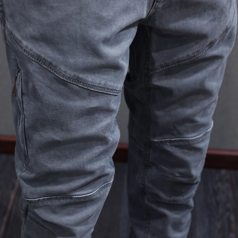 

Fashionable new men's jeans, washed, nostalgic, stretchy, slim fit, retro light gray blue, designer pants, Y2K