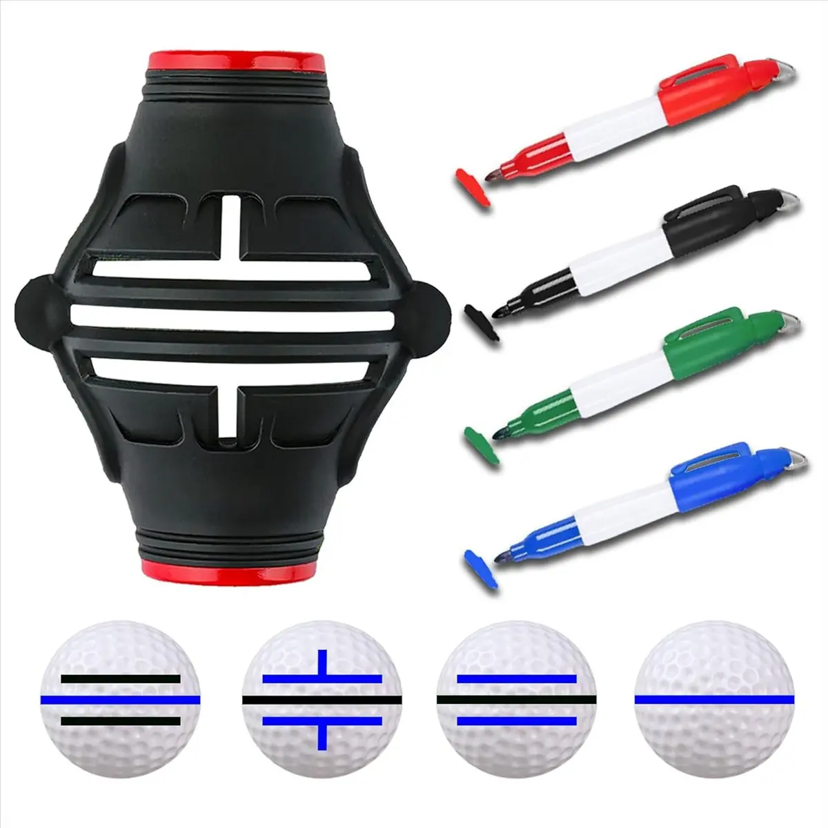 T34C Golf Ball Marker Stencil with 4 Color Marker Pens, 360°/180° Triple Line Golf Ball Markers, Golf Ball Liner Drawing