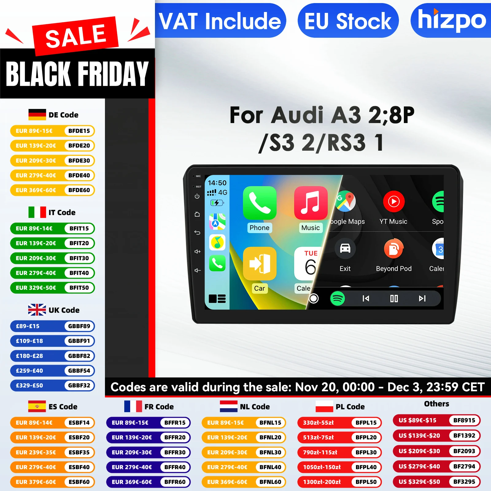 Hizpo 2Din Android 14 lecteur multimédia de voiture pour Audi A3 8P 2003-2011 S3 RS3 Sportback GPS CP 4G AI écran Intelligent 360 caméra