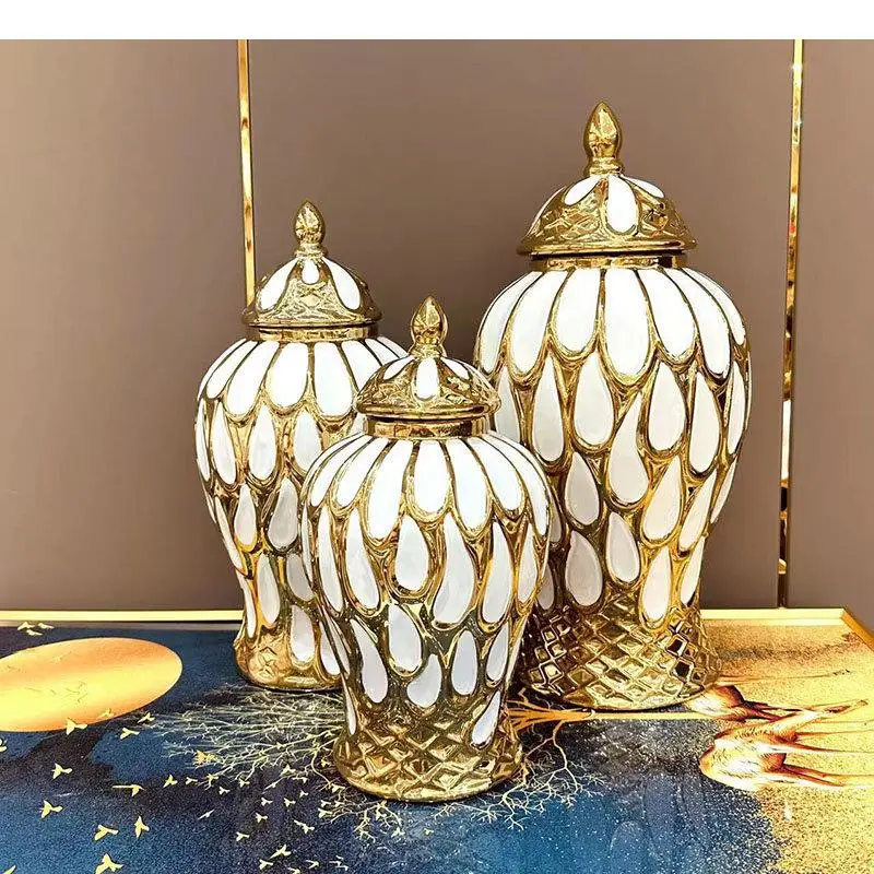 

Water Droplet Texture Ceramic General Jar Gold-plated Storage Ginger Jars White Porcelain Jewelry Box Desk Decoration Vases