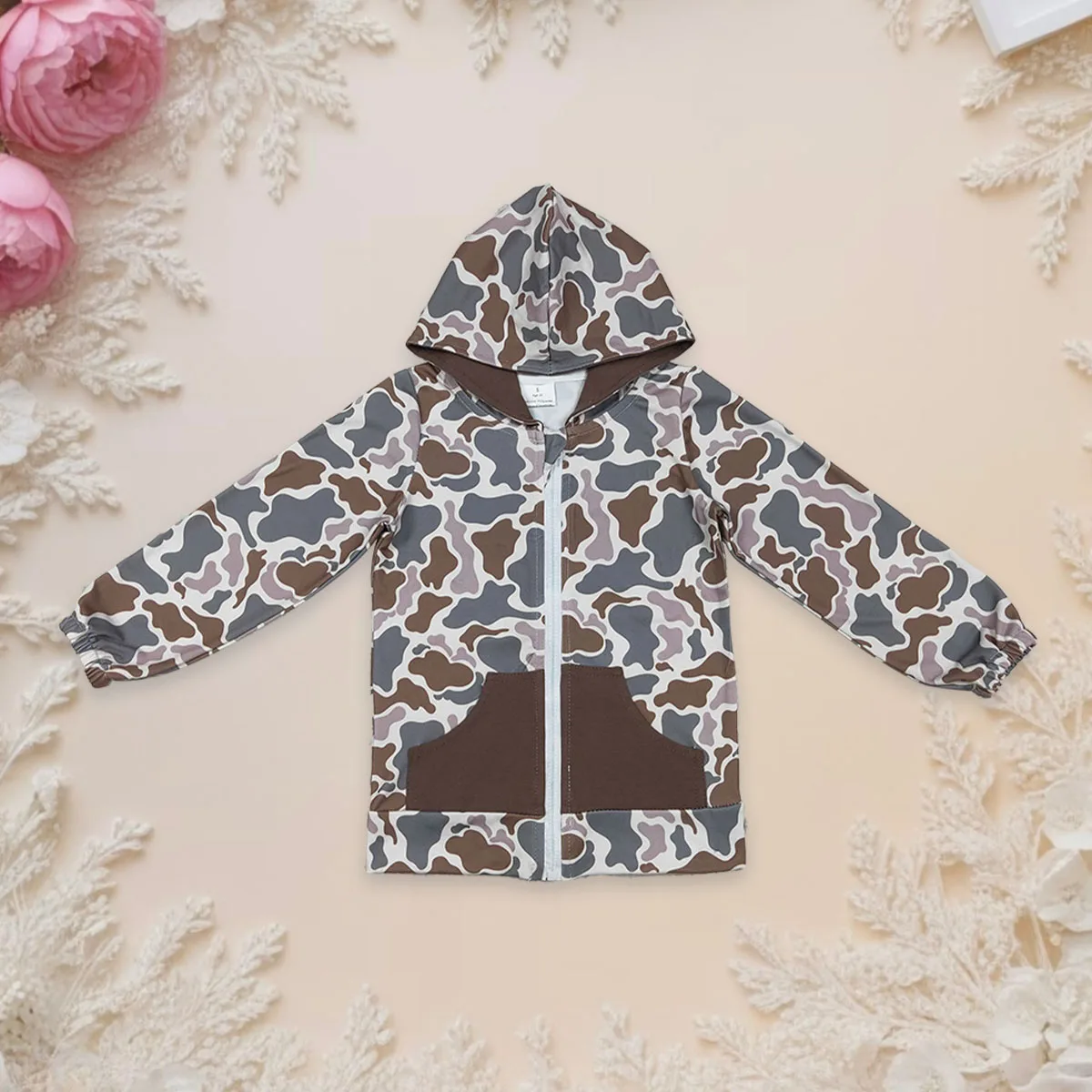 

Kids Baby Boy Brown Camo Sweatshirt Children Hooded Zipper Pocket Toddler Long Sleeve Hoodie Sportswear Shirt Clothes Wholesale