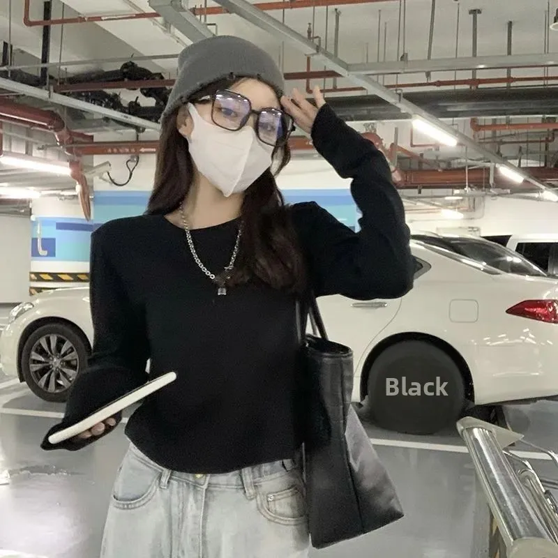 Thickened German Velvet Long Sleeve Short Top Women's Fashion Slim Fit High Waist Base Shirt Trendy Commute Style Pure Color ...