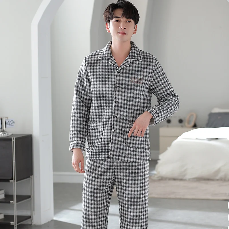 

Three-layer thick laminated pajamas male plaid pajamas set full cotton men 2pcs/set warm Autumn Winter Big Yards Home Clothes