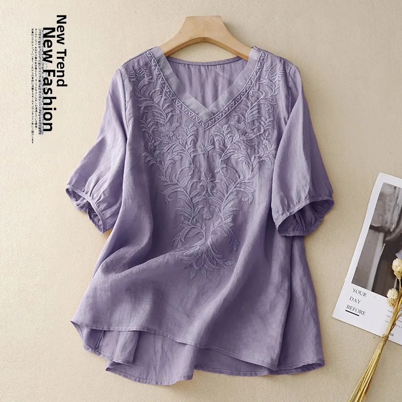 تي شيرت نسائي صيفي مطرز من القطن والكتان ort Sve تي شيرت نسائي صيفي أنيق irt قميص صغير جميل للتنقل Sle V-Ne