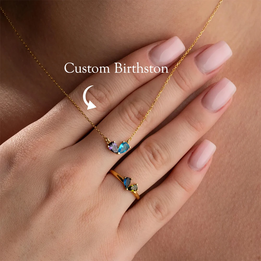 

Набор ювелирных украшений с камнями-талисманами в форме сердца для женщин, персонализированное колье и кольцо с двумя камнями-талисманами, лучший подарок, наборы из нержавеющей стали