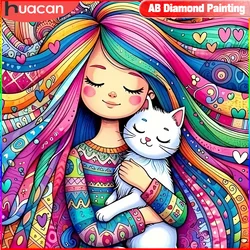 HUACAN Diamond Embroidery Girl New Arrival Cat Painting Picture Rhinestones Cartoon Mosaic Cross Stitch 5D DIY Handmade Gift