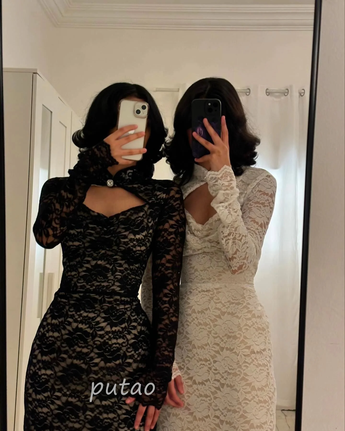 Putao Lace Party Dresses Long Sleeve Sexy Mermaid Hollow Prom Dress Saudi Arabia Tea Length Women Wear Prom Dresses 2024