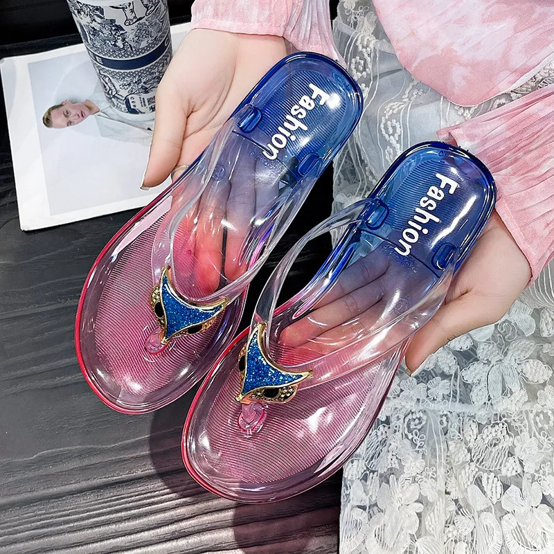 

Crystal flip flops for women, flat outdoor slippers, women's layered color jelly beach clip on shoes toe clip on casual slippers