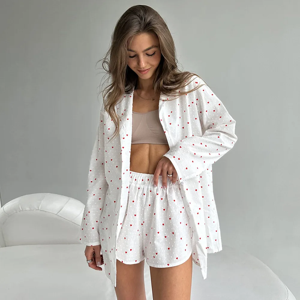 Piyama Celana Pendek Lengan Panjang Motif Cinta Wanita Baru Musim Semi dan Musim Panas 2025 Set Dua Potong