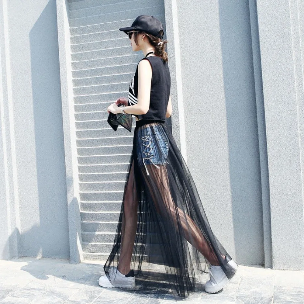 Summer Black Mesh Skirts Elastic Waist Single Layer See-through Skirts Long Transparent Gauze Skirt