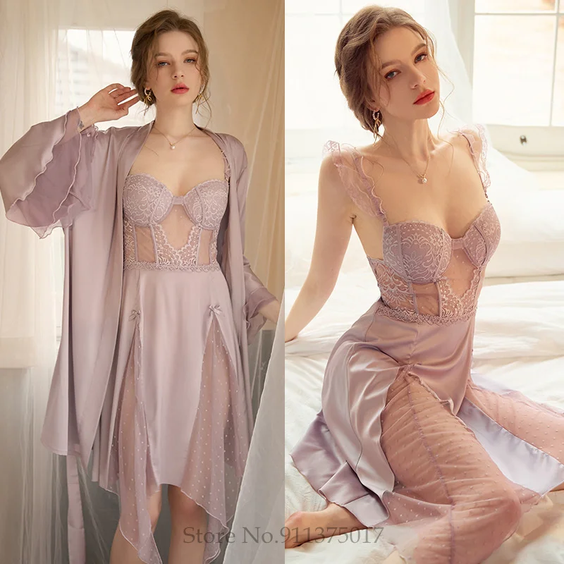 Wedding Bride Kimono Bathrobe Long Nightgown Elegant Lace Robe Set Loungewear Court Style Home Dress Outfit Rayon Sleepwear