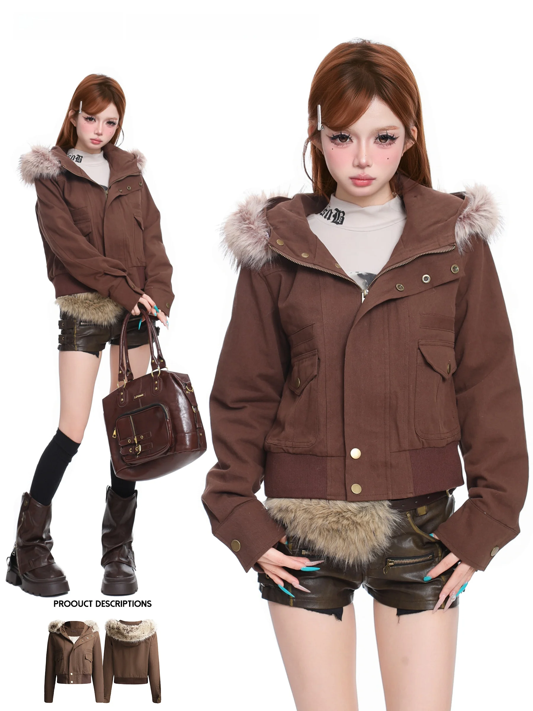 

Женская утепленная хлопковая куртка Basterds с капюшоном и меховым воротником, зимнее теплое рабочее пальто в корейском стиле, приталенный крой