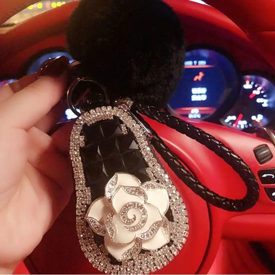 Universal Rhinestone Car Key Bag Car Key Protective Sleeve Men And Women Pendant Leather Hair Ball Rope Creative Personality Bag