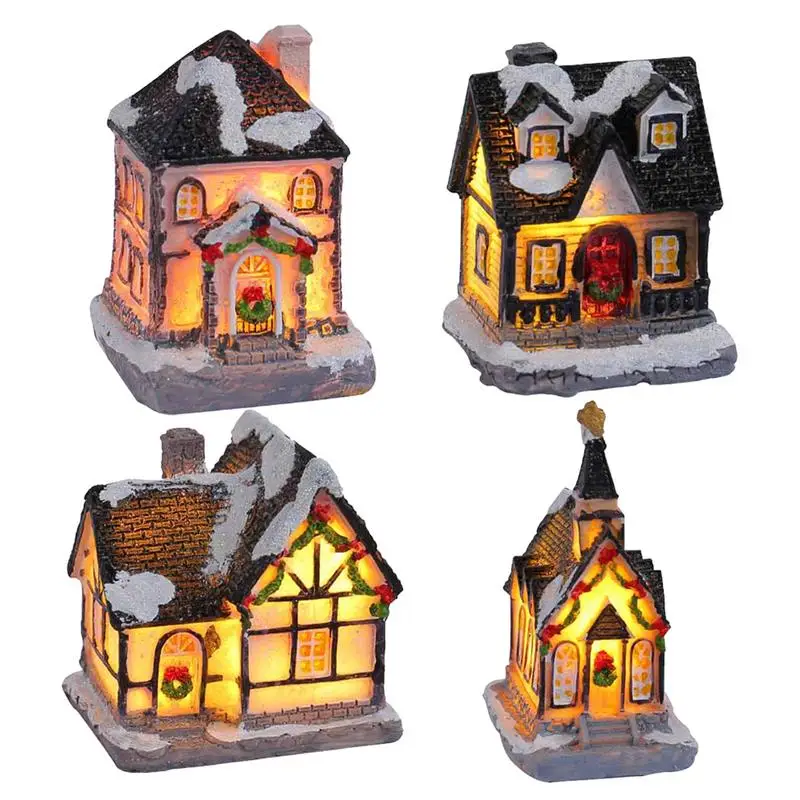 Resin Christmas Houses Desk Village Christmas House LED Decoration Seasonal Decors Tabletop Colorfast Houses For Christmas Gift