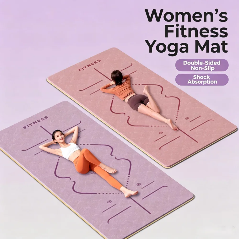 Women Yoga Mat With Alignment Lines Double‑Sided Non‑Slip Shock Absorbing Fitness Exercise Mat For Home Workout Pilates