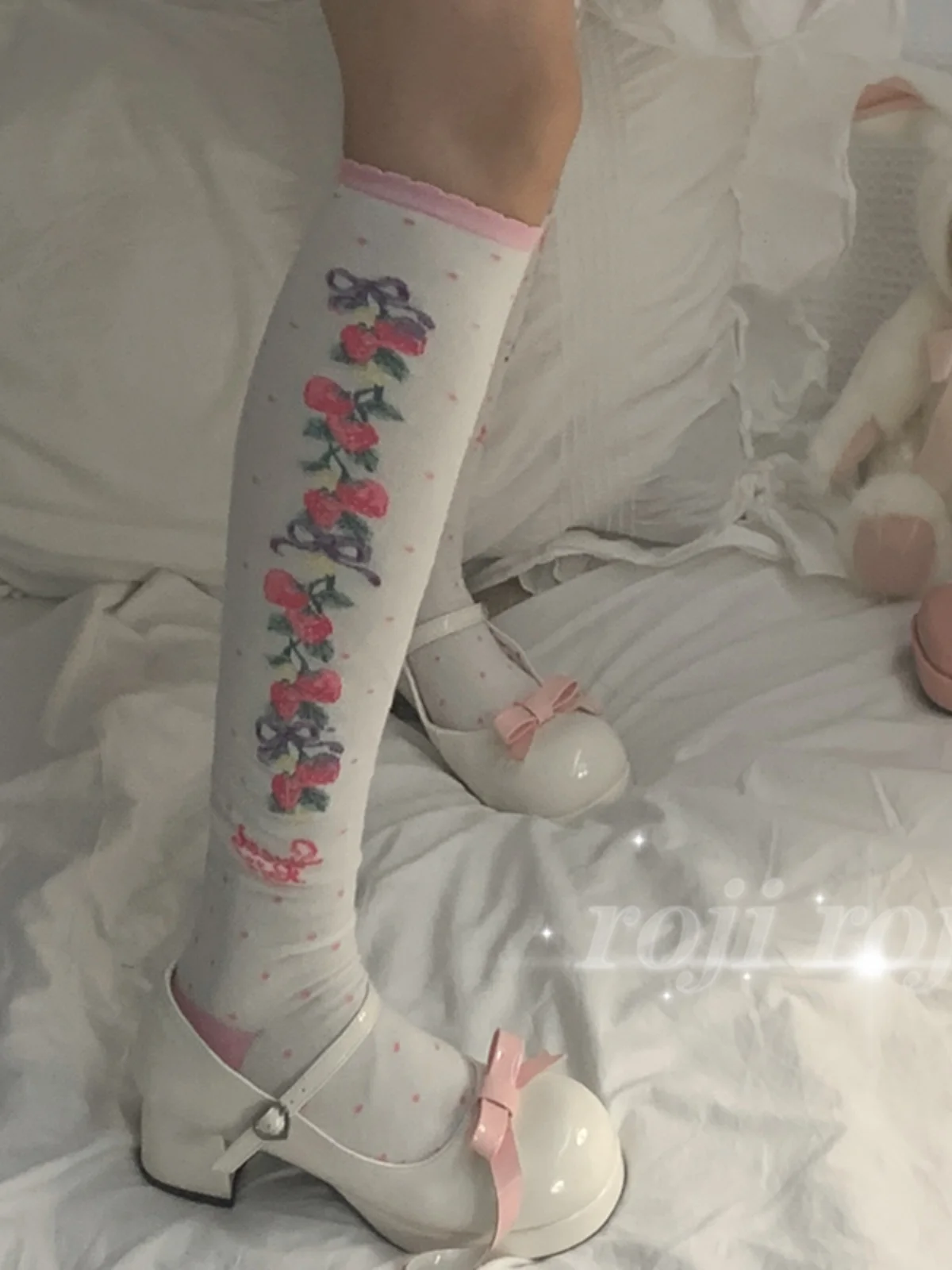 Erdbeer schnur Lolita Socken Frauen über dem Knie dicke Baumwolle bedruckte Spitze Lolita bedruckte japanische Blumen socken