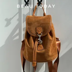 BEAUTODAY Brown Bags Women Genuine Suede Solid Color Metal Buckle Retro Style Trend 2023 Versatile Ladies Backpacks 63009