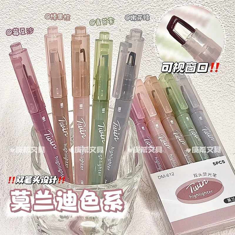 5/36 Colors-Vintage Double Head Clear View Highlighter Pens Soft Light Colors Visible Tip for Precise Marking School Office