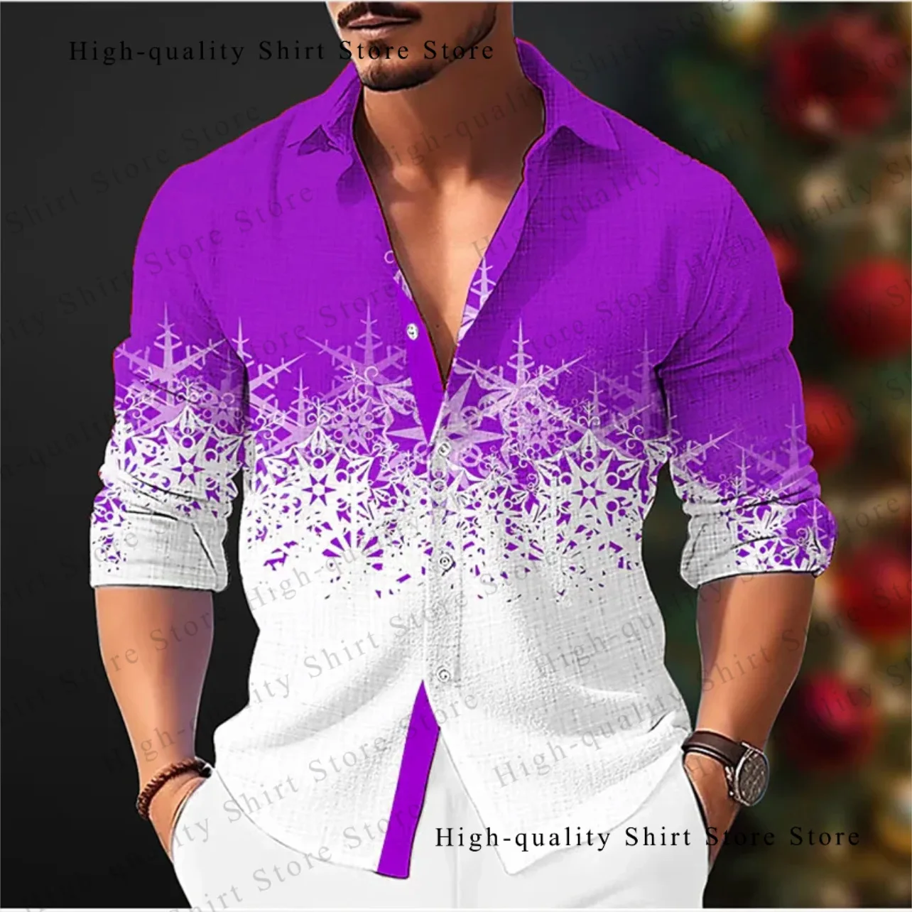 9-color snowflake men\'s breathable Christmas shirt, lapel long sleeved shirt, fashionable men\'s Christmas clothing