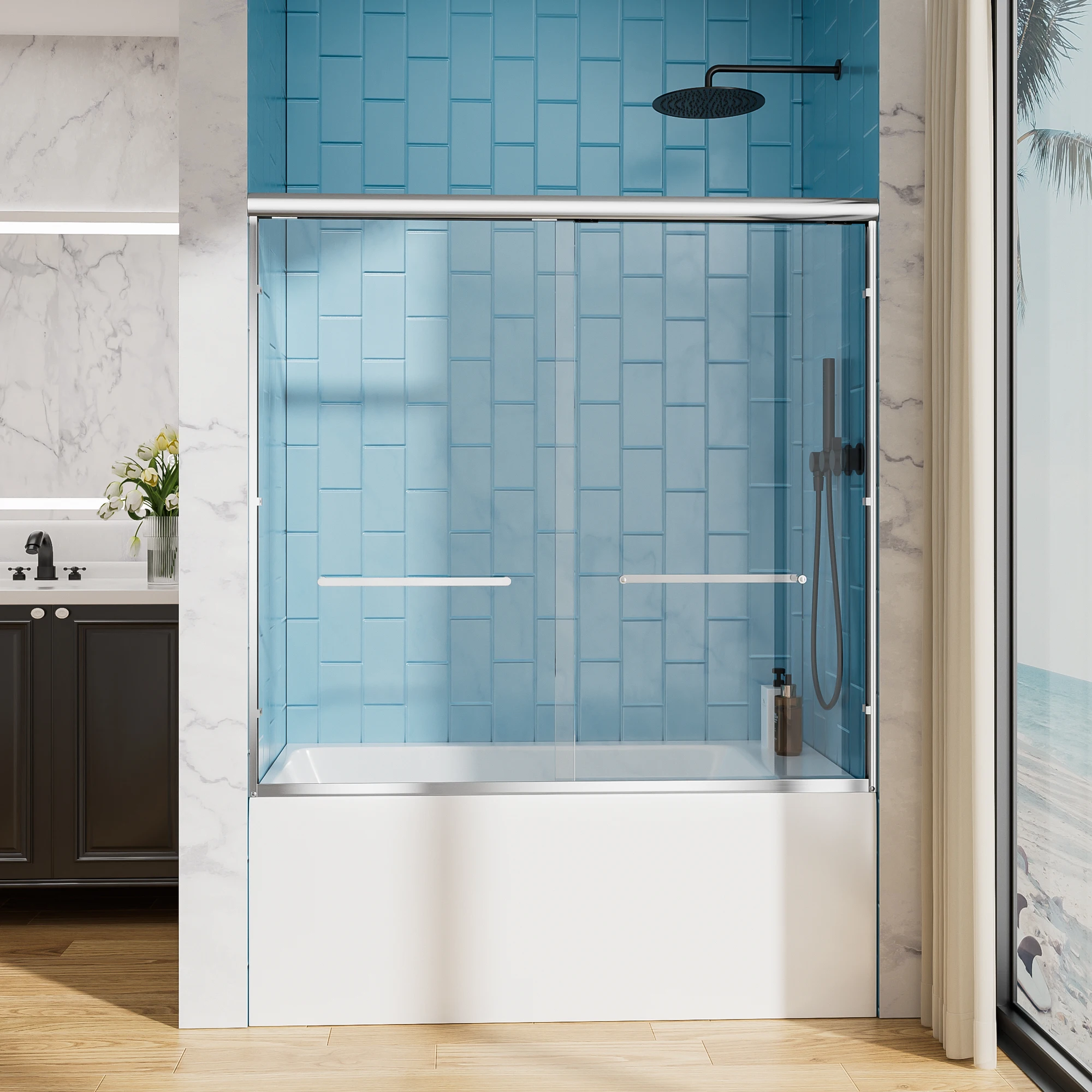 

SH.KL 56-60" W x 57" H Aluminum Frame Double Sliding Shower Door,Soft-Close Chrome Bathtub Door, 1/4" (6mm) Clear Tempered Glass