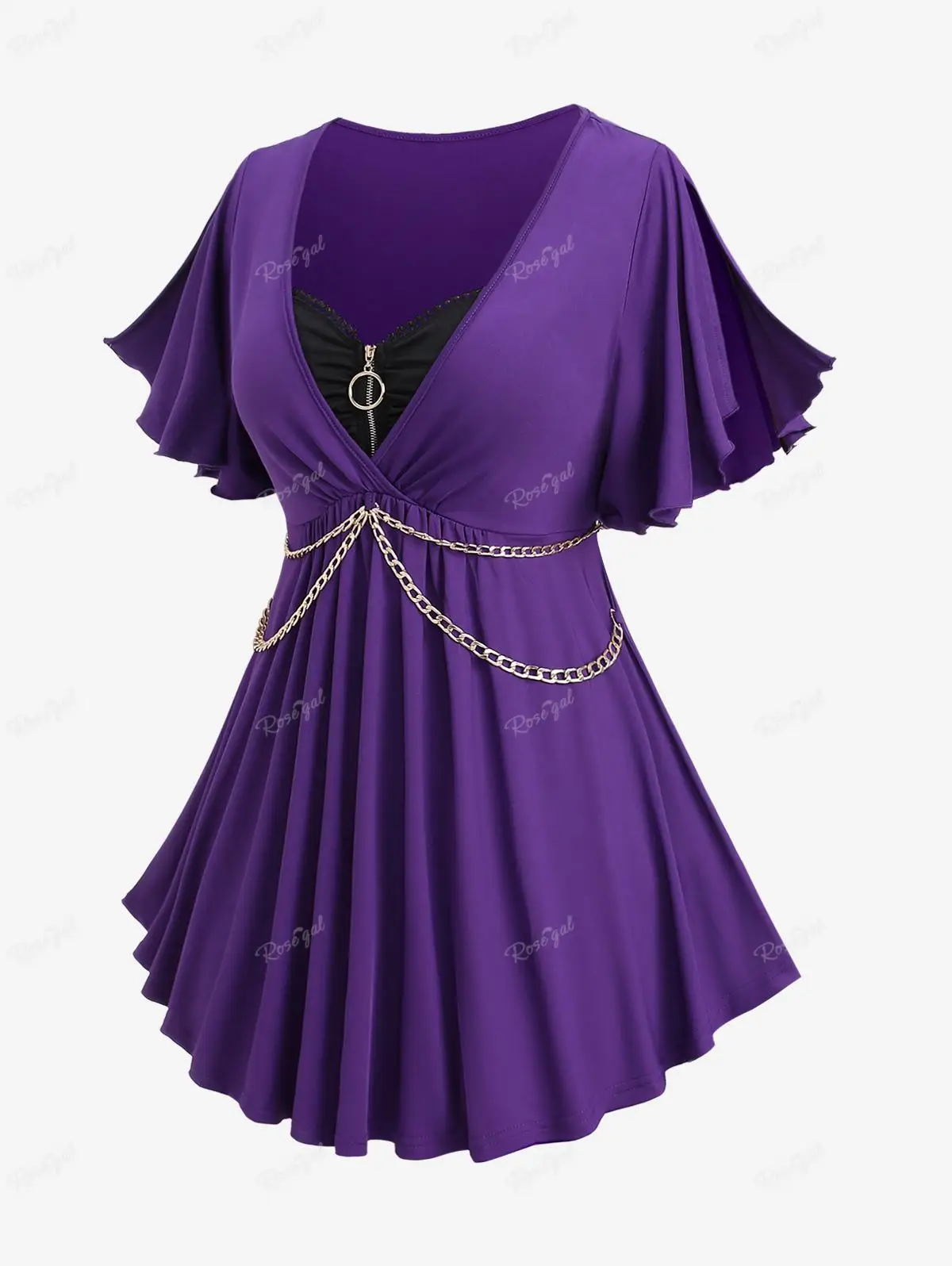 ROSEGAL Plus Size Purple Ruffles T-shirts Women Spring Summer Fashion Floral Flocking Grommets Lace-up Ruched Lace Trim Tops