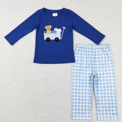 New rts Infant Boys Blue Valentine's Day Suit Wholesale Boutique Embroidered Puppy Love Pattern Long Sleeve Pants Boys Clothing