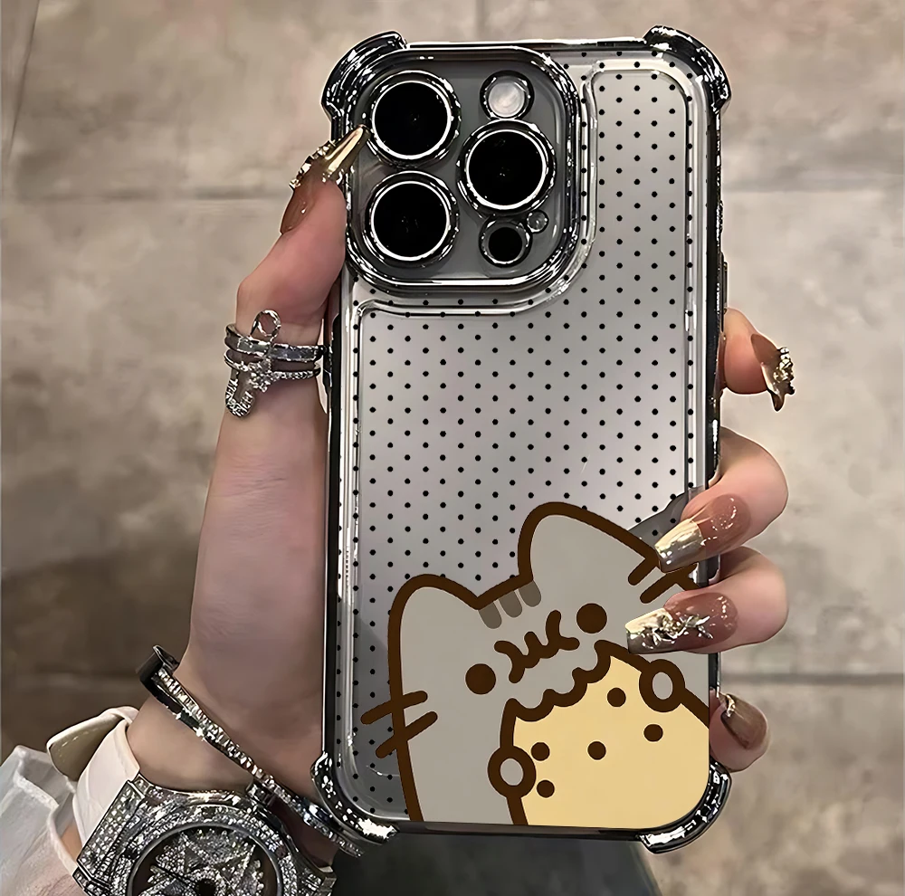 Cute P-Pusheens Cat Plating Phone Case For Xiaomi Redmi 15A A7 15 A3 15C 14C A1 Note 15 14 13 12 Pro Plus 4G 5G Anti Fall Airbag