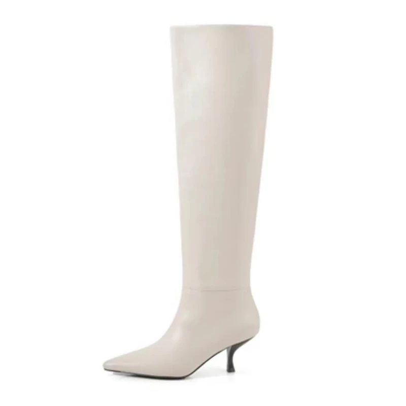 Designer Curve Cat heels Knee Boots Beige black Cow leather pointed toe Woman Stretch Slip on Knight Boots Shoes