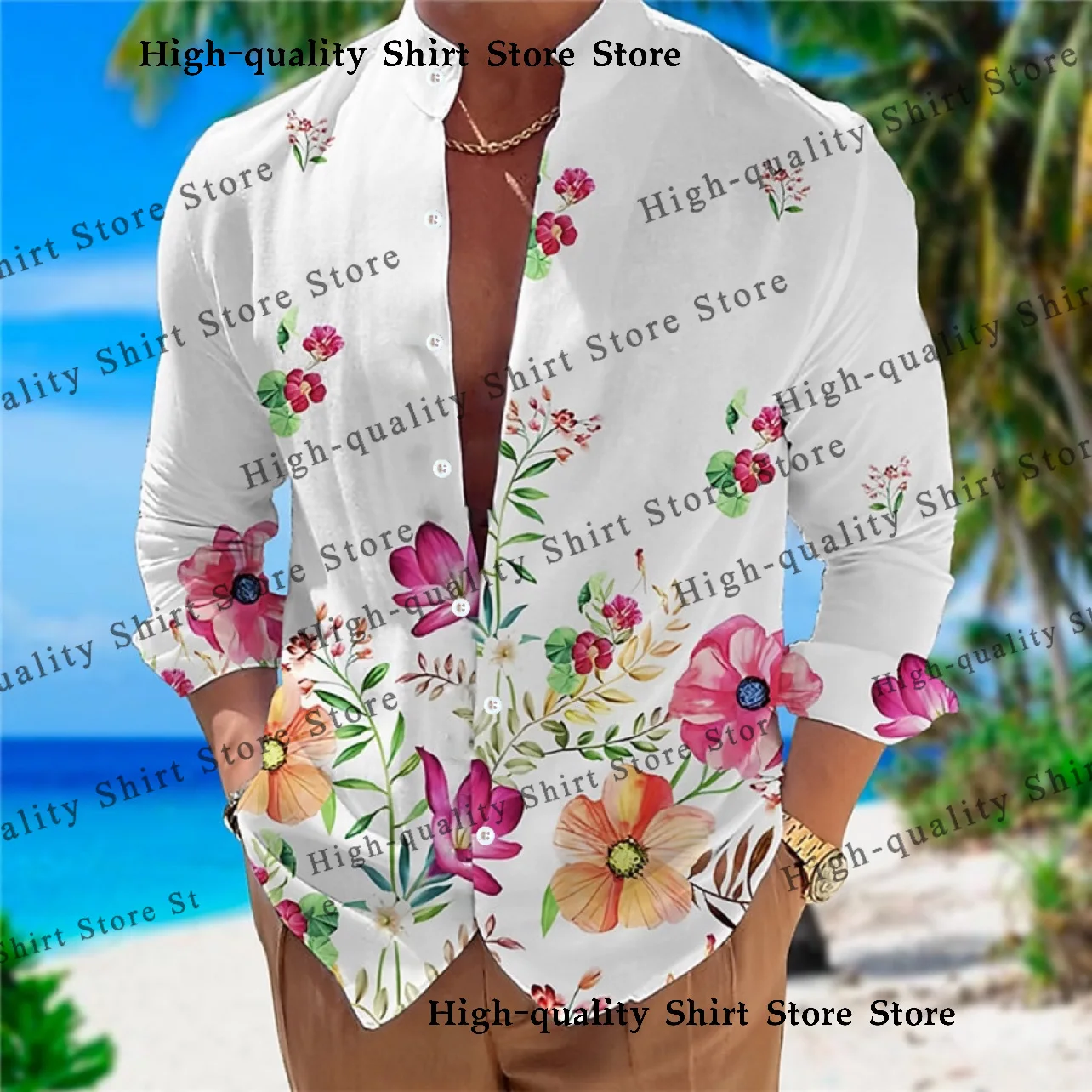 

Men's shirt with floral stand up collar and long sleeved shirt, comfortable and breathable. Large men's clothing is hot selling