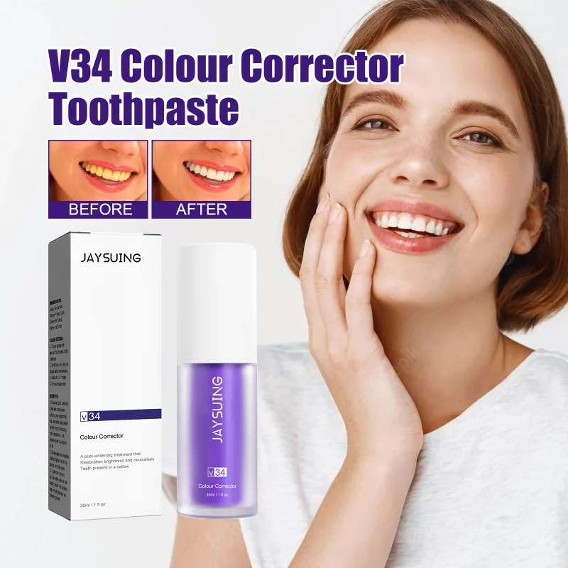 

V34 Colour Corrector Toothpaste Purple Bottled Press Toothpaste Refreshes Breath Remove Stains Reduce Yellowing Oral Care